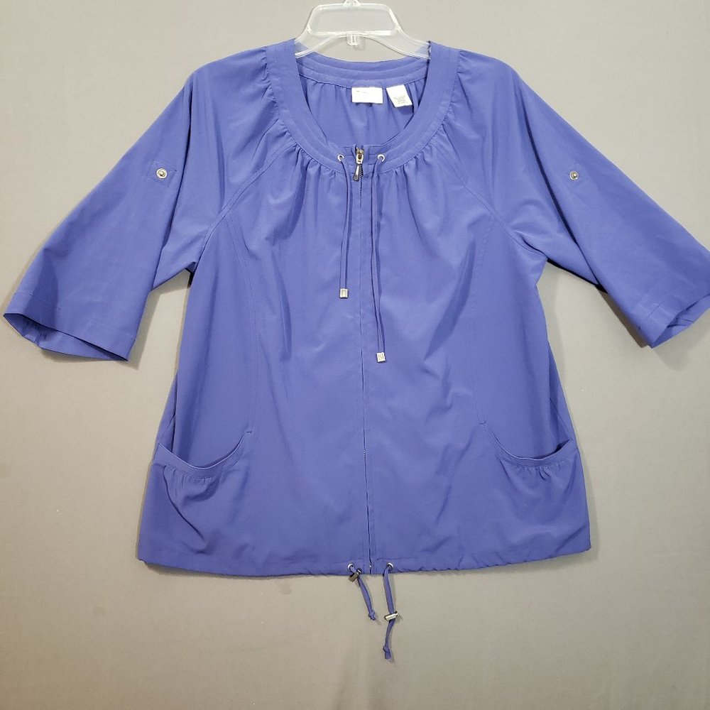 Chico's Zenergy Womens Zip Front 3/4 sleeve cardigan Roll tabs Blue Sz 2 (US 12)